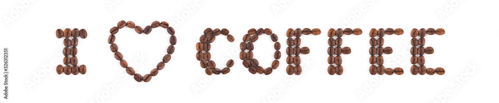 High resolution roasted coffee beans arranged in letters on white background for coffee menus or cafe signs High resolution roasted coffee beans arranged in letters on white background for coffee menus or cafe signs
