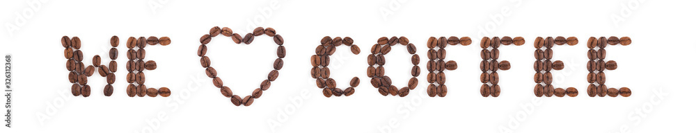 High resolution roasted coffee beans arranged in letters on white background for coffee menus or cafe signs High resolution roasted coffee beans arranged in letters on white background for coffee menus or cafe signs
