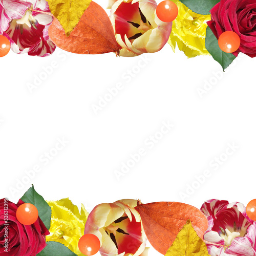 Beautiful floral pattern of roses, tulips and physalis. Isolated