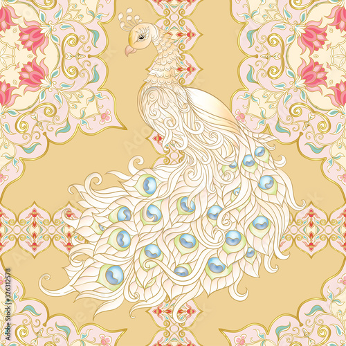 White Peacock bird seamless pattern  background with eastern ethnic motif. Colored vector illustration.