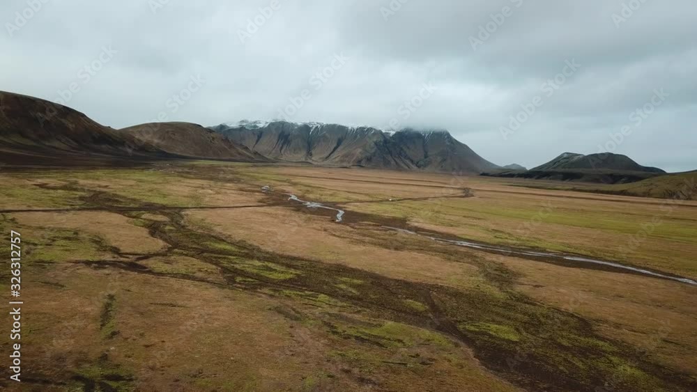 Highlands of Iceland. Pull Back Aerial View of Landscape, Valley Under Volcanic Hills and Cloudy Sky Highlands of Iceland. Pull Back Aerial View of Landscape, Valley Under Volcanic Hills and Cloudy Sky