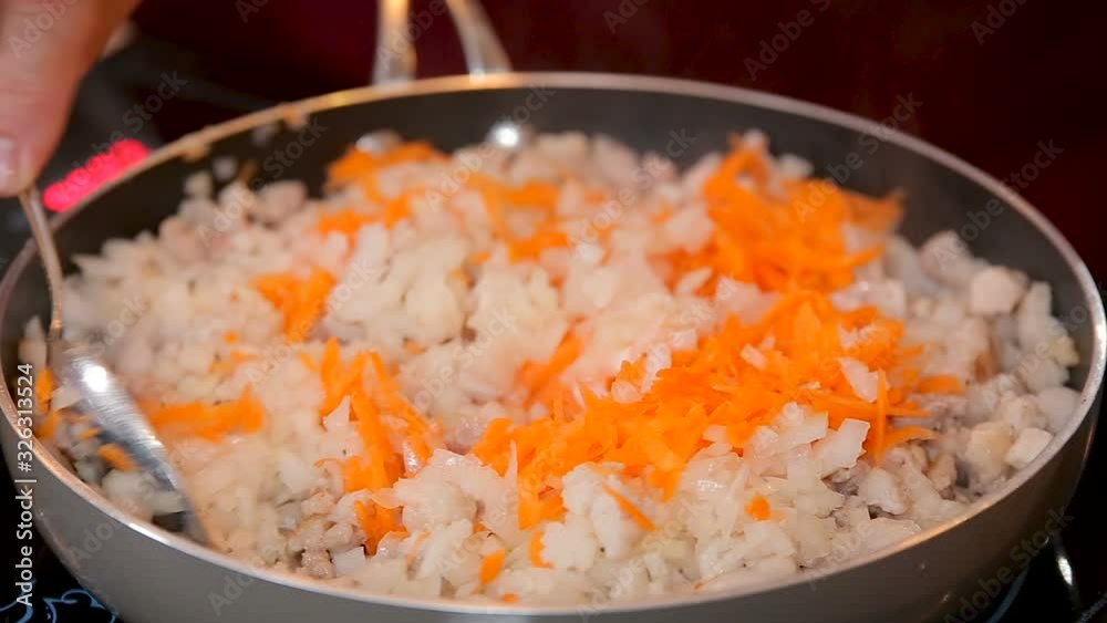 Minced meat with onions and carrots stewed in a pan Minced meat with onions and carrots stewed in a pan