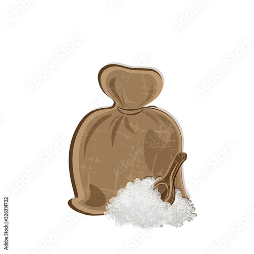 Full sack with sugar isolated on white background.  Cartoon burlap. Bagful of sugarcane, rice. White sand heap or granulated powder with wooden scoop. Vector EPS 10