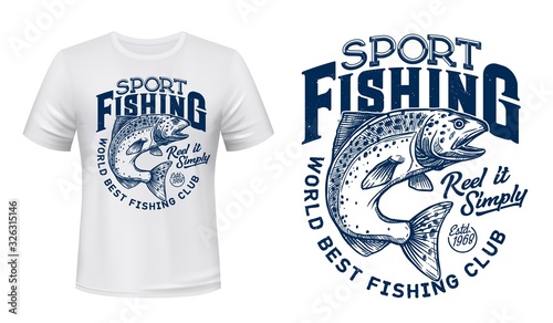 Salmon fish t-shirt print, fishing sport lettering. Vector salmon, ocean animal with spots and curved tail blue badge, custom apparel of fisherman club, fishing camp or competition design