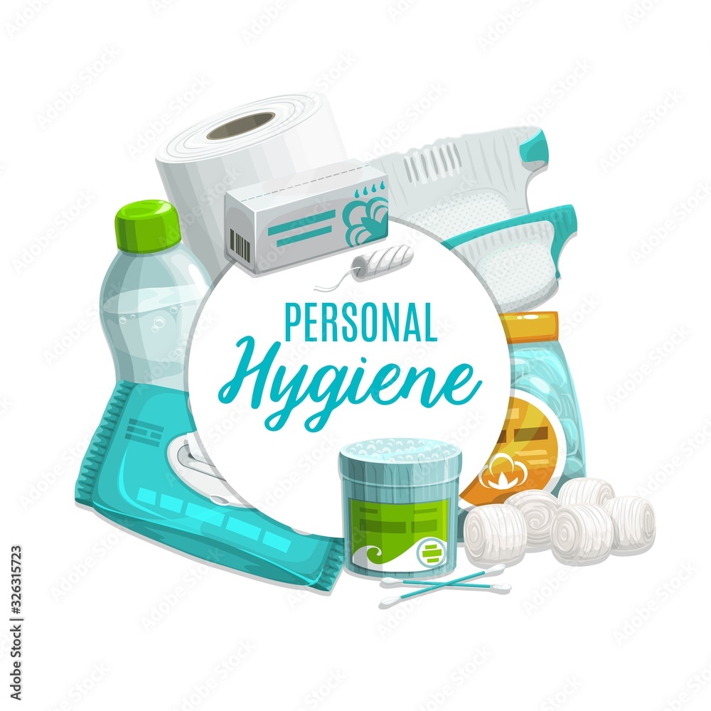 Personal care and hygiene products vector design. Cleansing towel or wet  wipe, toilet paper and bottle of micellar water, cotton wool balls, ear  sticks or swabs, tampon and diaper Stock Vector