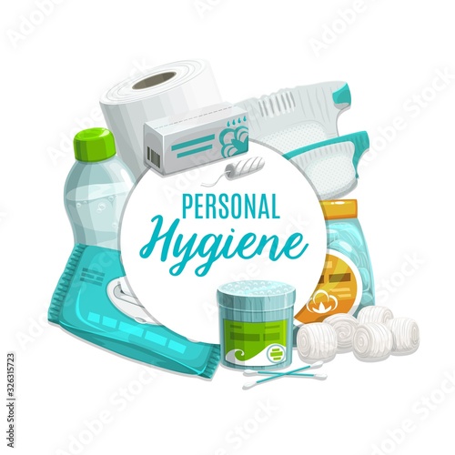 Personal care and hygiene products vector design. Cleansing towel or wet wipe, toilet paper and bottle of micellar water, cotton wool balls, ear sticks or swabs, tampon and diaper