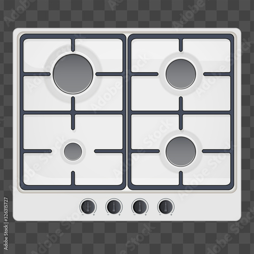 Surface of gas hob. Domestic kitchen equipment. White Color. Above view of stove. Editable Vector illustration Isolated on transparent background.