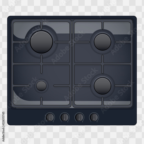 Surface of gas hob. Domestic kitchen equipment. Black Color. Above view of stove. Editable Vector illustration Isolated on transparent background.