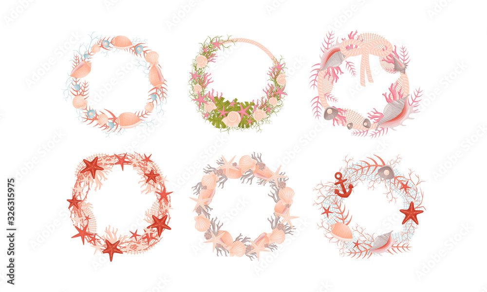 Wall Wreaths with Nautical Theme with Shells and Starfish Vector Set