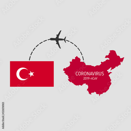 MERS-Cov middle East respiratory syndrome coronavirus , 2020 Novel coronavirus Pneumonia 2019-nCoV, NCP , icon of departure of coronavirus-charged plane from China and arriving in Turkey.