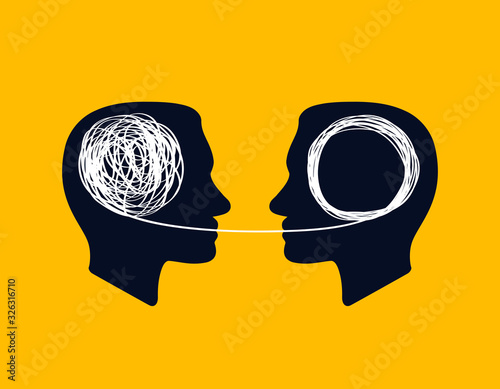 concept icon showing silhouette of human heads with tangled line inside, like brain and untangled line. unraveling of tangled line. metaphor for  mentor or coach in problems business