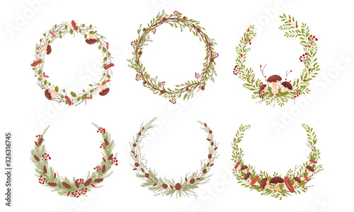 Decorative Wreaths with Branches Entangled with Mushrooms, Berries and Fir Cones Vector Set