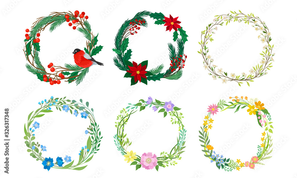 Floral Wreaths with Fir Branches, Green Twigs and Flowers Vector Set