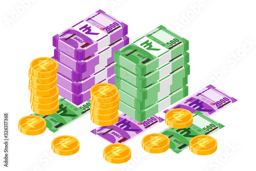 Bundle of Indian Rupee INR banknotes money and gold coin vector isometric design. India currency, business, finance and Payment element. Can be used for web, mobile, infographic, and print.