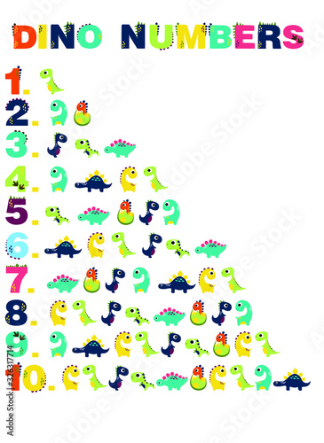  numbers for kids with dinosaurs, from 1 to 10. Kids learning material. Card for learning numbers. Number 1-10. © Anastasiya