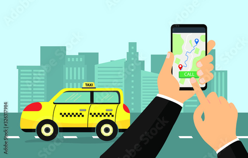 City Taxi Mobile Service.Yellow Car Sedan on Cityscape. Modern Smartphone in Arm with Route Gps Destination Point on Map.