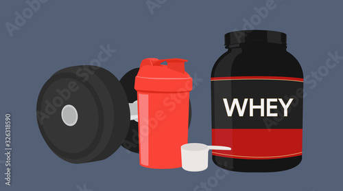 Vector Isolated Illustration of a Whey Protein Bottle, a Scoop, a Shaker and a Dumbbell