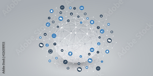 Minimal Style Cloud Computing, Internet of Things and Telecommunications Concept Design - Network Connections, Transparent Geometric Wireframe with Icons, Vector Illustration