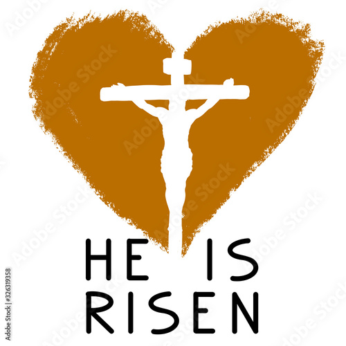 cross and heart and calligraphic text logo, easter religious symbol of Christianity hand drawn vector illustration sketch