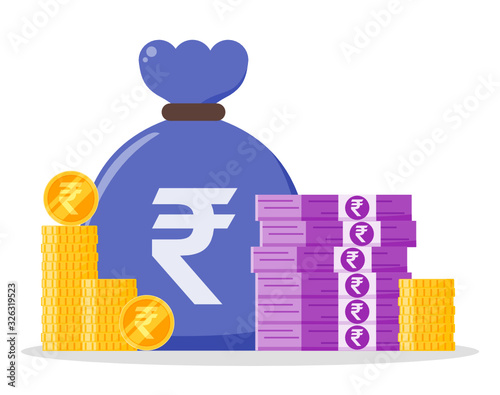 Indian Rupee money bundle and coin stack sack bag vector icon logo and design. India currency business, payment and finance element. Can be used for web, mobile, infographic, and print.