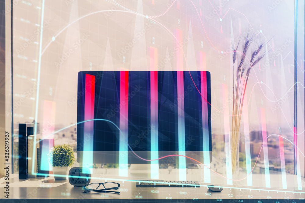 Stock market graph and table with computer background. Double exposure. Concept of financial analysis. Stock market graph and table with computer background. Double exposure. Concept of financial analysis.