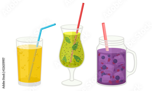 Fresh Cocktails with Ice Cubes and Berries in Glass and Jar Vector Set