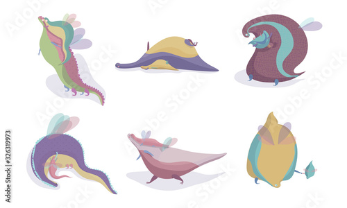 Fairy Dragons with Small Wings Playing with Their Cubs Vector Set