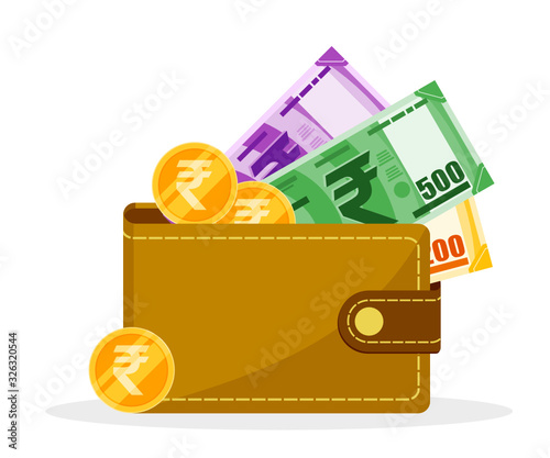 Indian Rupee Money and Coin in a wallet vector illustration flat design. India Payment and finance element.  Can be used for web and mobile, infographic and print.