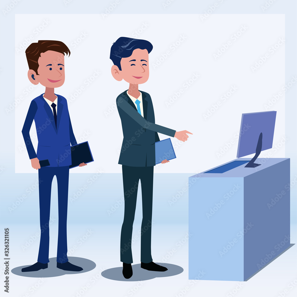 Business people talk about stock market and investment Illustration vector On cartoons style Board view background Business people talk about stock market and investment Illustration vector On cartoons style Board view background