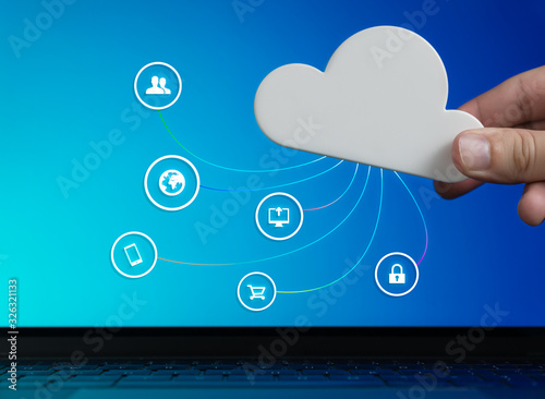 Cloud computer technology concept with focus on security, digital data storage, remote user access, online shopping and mobile device file sharing - Global business cyberspace network infrastructure