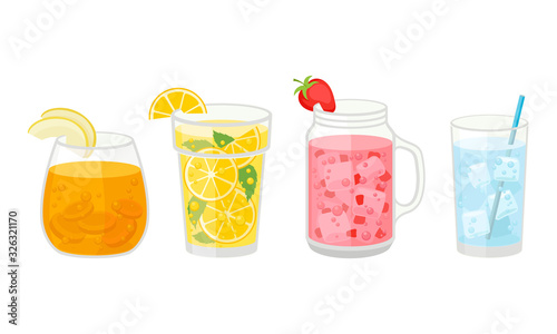 Fresh Cocktails with Ice Cubes and Sliced Fruits in Glass and Jar Vector Set