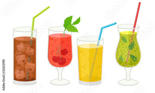Fresh Cocktails with Ice Cubes and Straw in Glasses Vector Set