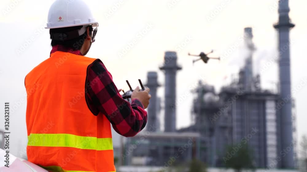 Asian construction worker piloting drone at building site. video surveillance or industrial inspection