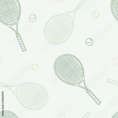 Seamless background with tennis racquets and balls. Pastel colors. Perfect for sports visualizations, decorations, commercials and more.