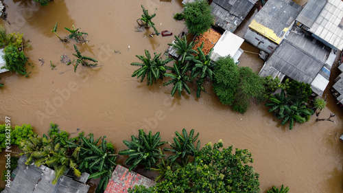 Aerial POV view Depiction of flooding. devastation wrought after massive natural disasters at Bekasi - Indonesia