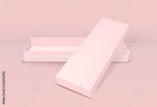 Pink rectangular package for snacks, food and chocolate. Open box