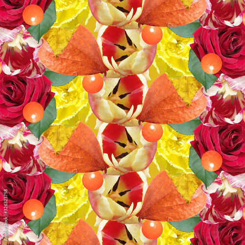 Beautiful floral background of roses, tulips and physalis. Isolated