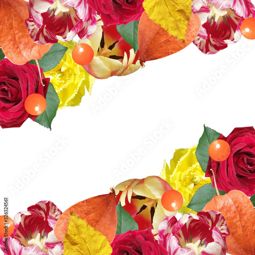 Beautiful floral background of roses, tulips and physalis. Isolated