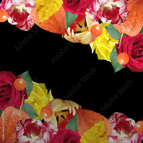 Beautiful floral background of roses, tulips and physalis. Isolated