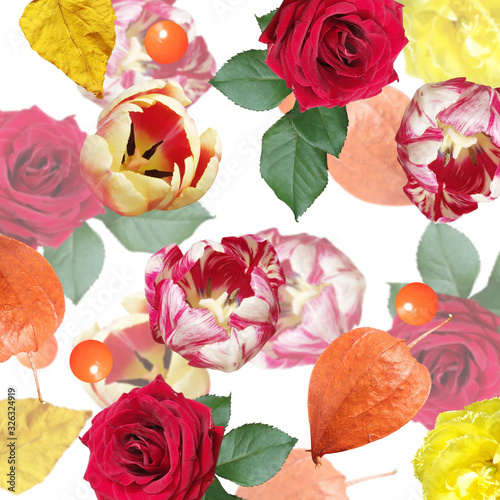 Beautiful floral background of roses, tulips and physalis. Isolated