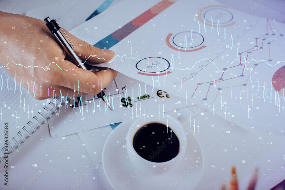 Multi exposure of man planing investment with stock market forex chart.