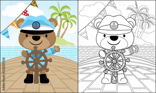 Little bear cartoon on steering wheel in a ship on sea background, coloring book or page