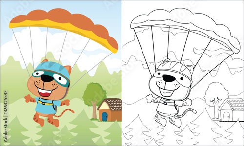 Little cat play paragliding on nature background, coloring book or page