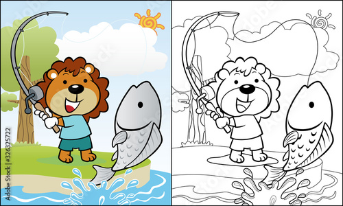 Cartoon of lion fishing in a river, coloring book or page
