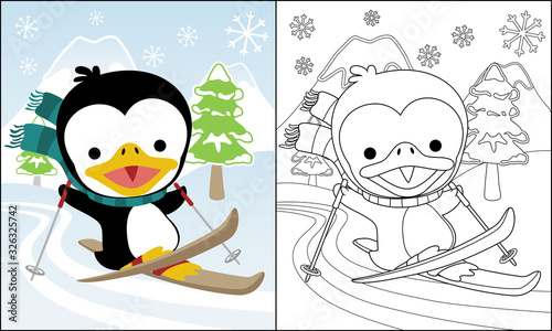 Cartoon penguin skiing in the snow mountain,coloring book or page