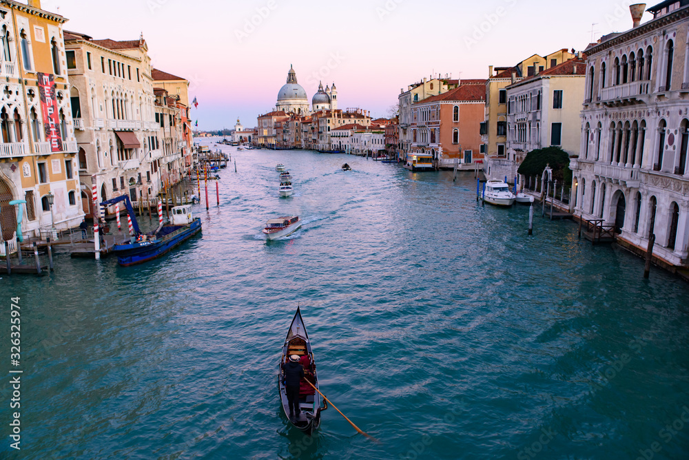 Grand Canal with Santa Maria della Salute at background at sunset time, Venice, Italy