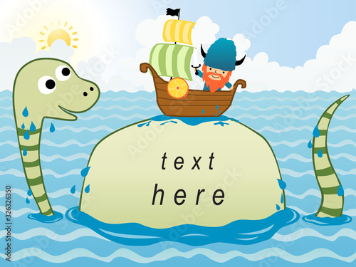 cartoon viking on sailboat with a sea monster.