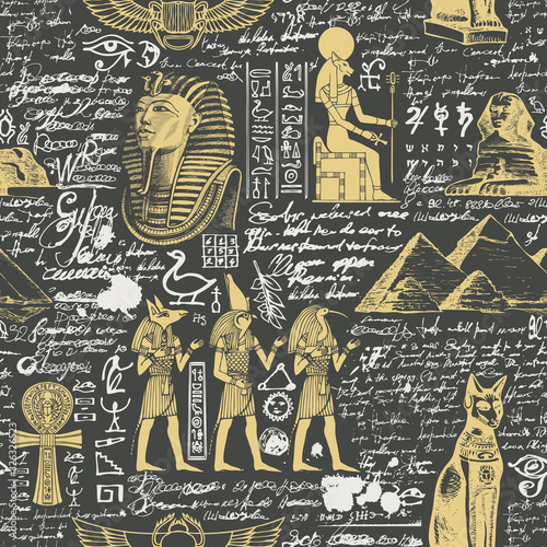 Vector seamless pattern on the Ancient Egypt theme with unreadable notes, hieroglyphs and sketches in retro style on the black background. Can be used for wallpaper, wrapping paper, fabric.