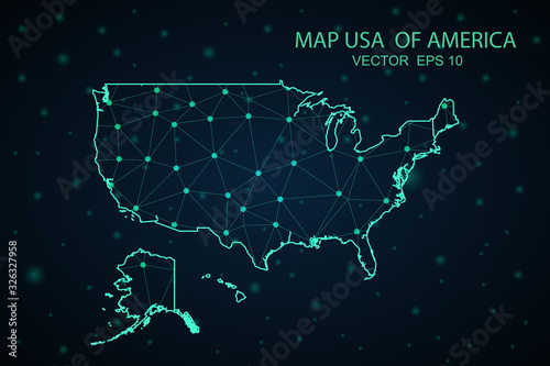 Abstract mash line and point scales on dark background with Map of usa. Wire frame 3D mesh polygonal network line, design sphere, dot and structure. communications map of usa. Vector.