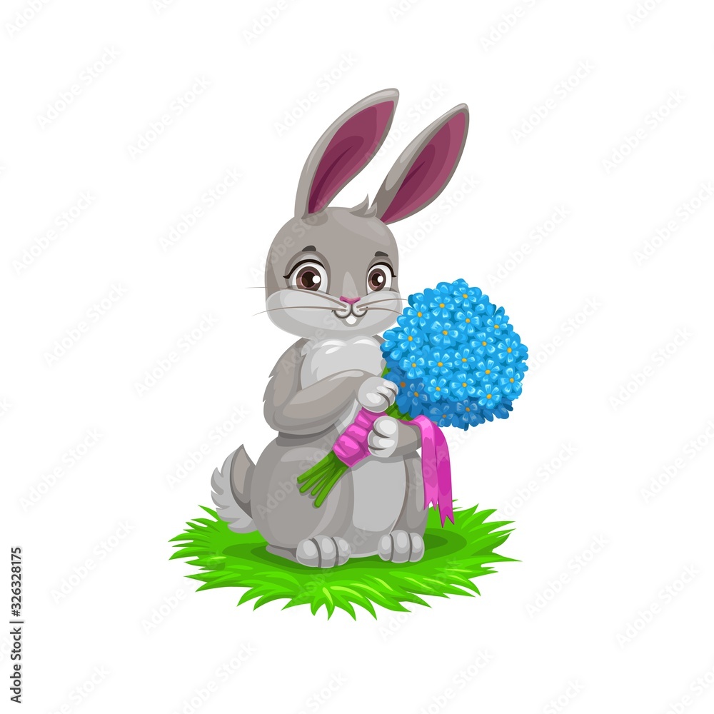 Obraz premium Easter bunny with flower bouquet, vector Easter holiday egg hunt party. Cartoon hare animal holding spring flowers of blue forget-me-not with pink ribbons